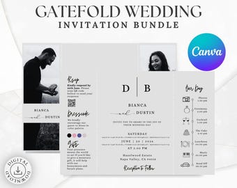 Wedding Gatefold Invitation Bundle Digital, Canva Template, Minimalist Design, Elegant Wedding Invites, Printable Invite, Editable Template