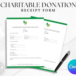 May include: Two white charitable donation receipt forms with green accents and a black pen. The forms have fields for donor information and donation details. The text "CHARITABLE DONATION RECEIPT FORM" is at the top. A digital download icon is in the lower left.