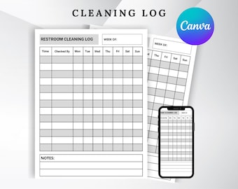 Lista de verificación y registro de limpieza de baños: Calendario de limpieza de baños editable, plantilla imprimible / formato Canva, seguimiento de cumplimiento / uso comercial