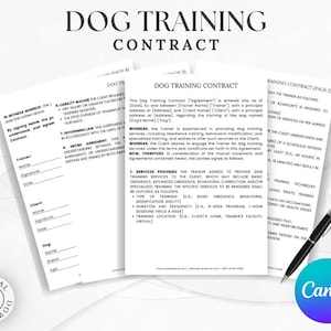 May include: A printable dog training contract with sections for the client and trainer to sign. The contract includes details about the services provided, payment terms, and liability waivers.