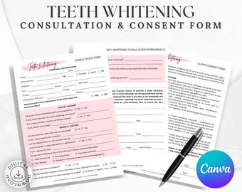 May include: A teeth whitening consultation and consent form with pink accents. The form includes sections for personal and dental history, medical history, and a client consent form. A black pen rests on the forms.