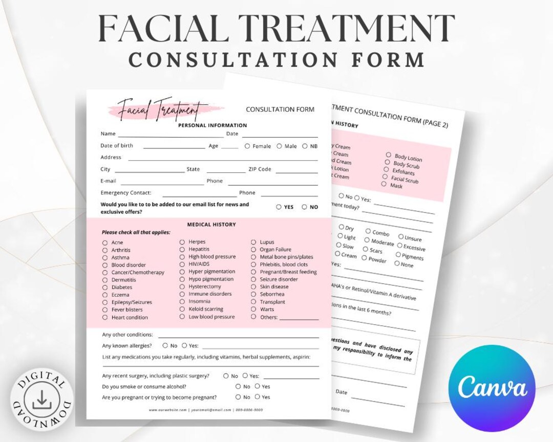 Esthetician Client Intake Form | Facial Consultation Template | Spa ...