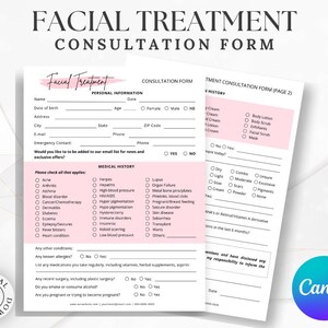 May include: A two-page facial treatment consultation form with pink and white accents. The form includes sections for personal information, medical history, and a list of conditions. The Canva logo is in the bottom right corner.