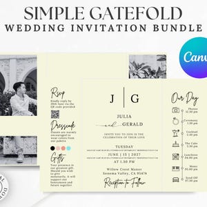 Puede incluir: Un conjunto de invitaciones de boda plegables de color crema con el texto "Simple Gatefold Wedding Invitation Bundle". La invitación incluye fotos, detalles del evento y un código QR para RSVP.