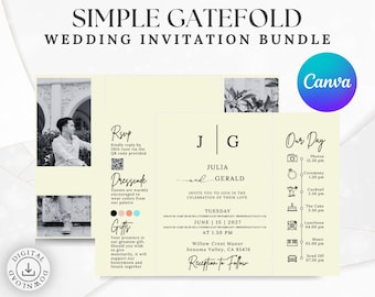 Plantilla de invitación de boda desplegable con código QR: estilo minimalista, diseño personalizable en Canva (descarga digital, PDF imprimible).