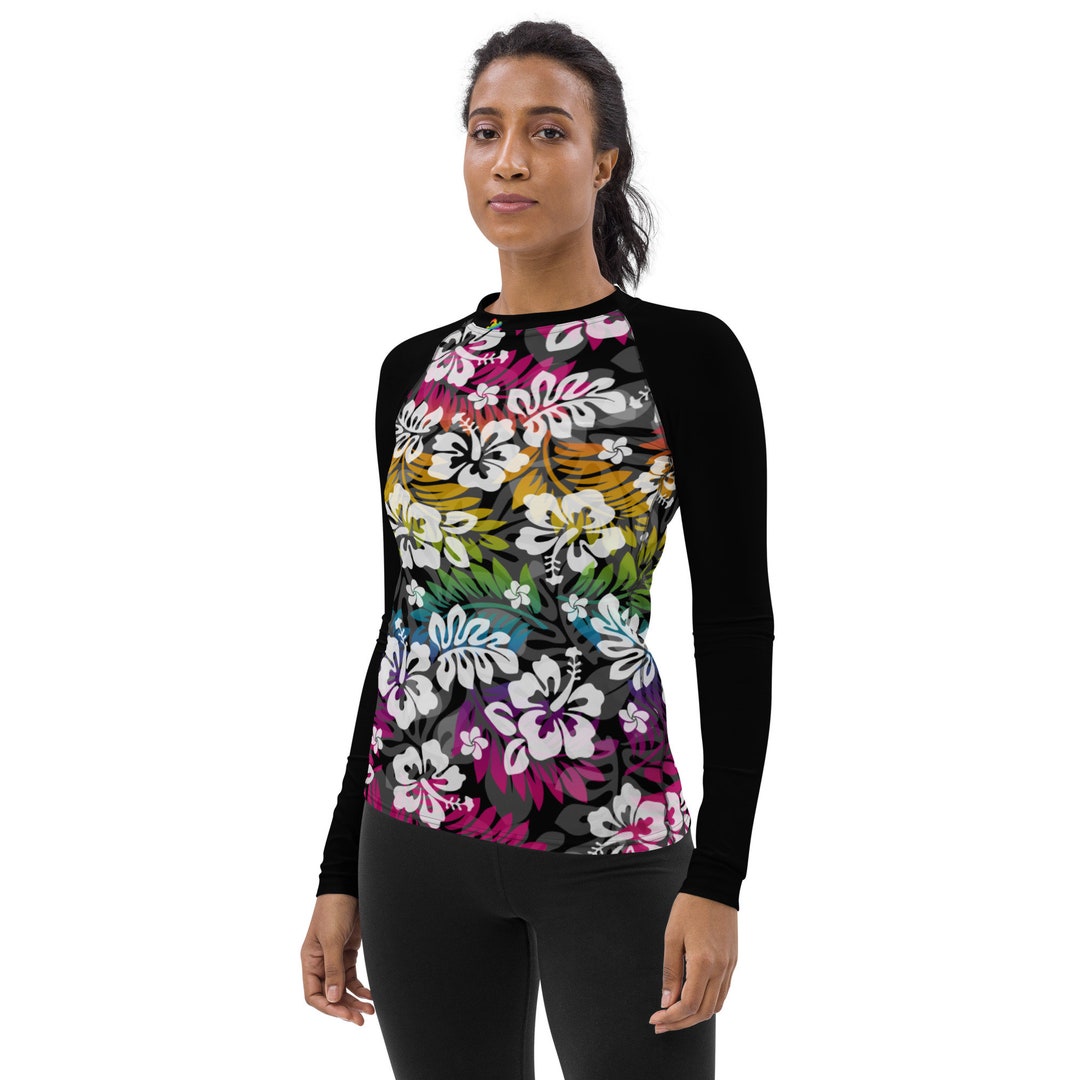 Hawaiian Print Rainbow Women's Rash Guard, Hawaiian Flowers Rash Guard ...