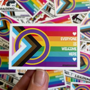 Everyone Is Welcome Here Waterproof Matte Sticker, LGBTQ Inclusive Rainbow Flag Sticker, Rainbow Gift, LGBTQ Gift