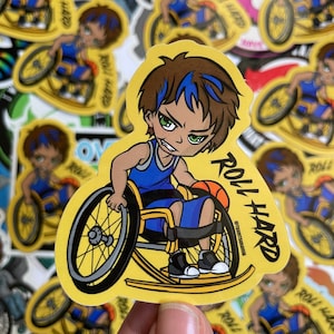 Wheelchair Basketball Cartoon Artwork Waterproof Glossy Sticker, Roll Hard Sticker, Adaptive Sports Sticker, Wheelchair Basketball Gift