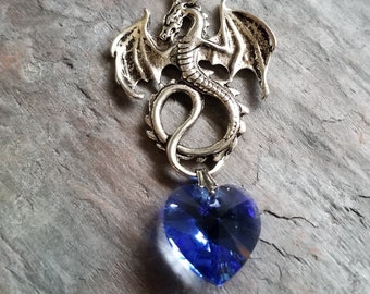 Winter Dragon Blue Crystal Heart necklace, Gorgeous Blue Swarovski Crystal Heart + Dragon Pendant,  Epic Valentine's Day Gift