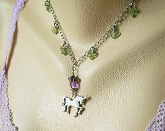 Unicorn and Leaves Necklace, Unicorn and Leaves with Violet Swarovski crystal, unicorn necklace