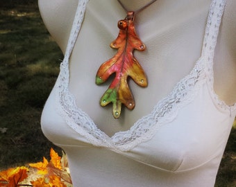Autumn Oak Leaf Pendant with crystals necklace, Hand sculpted clay oak leaf with crystals,  Fall colors green, orange + yellow accents