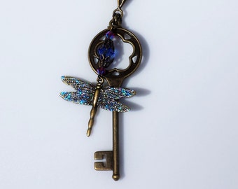 Dragonfly Key Necklace, Dragonfly and Key necklace with swarovski crystal and a touch of fairy sparkle