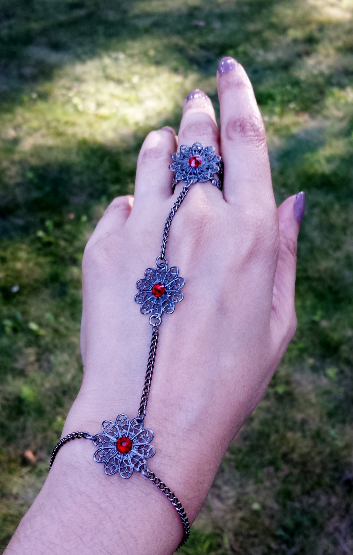 Triple Flower Hand Bracelet With Deep Red Crystals Flower and Etsy