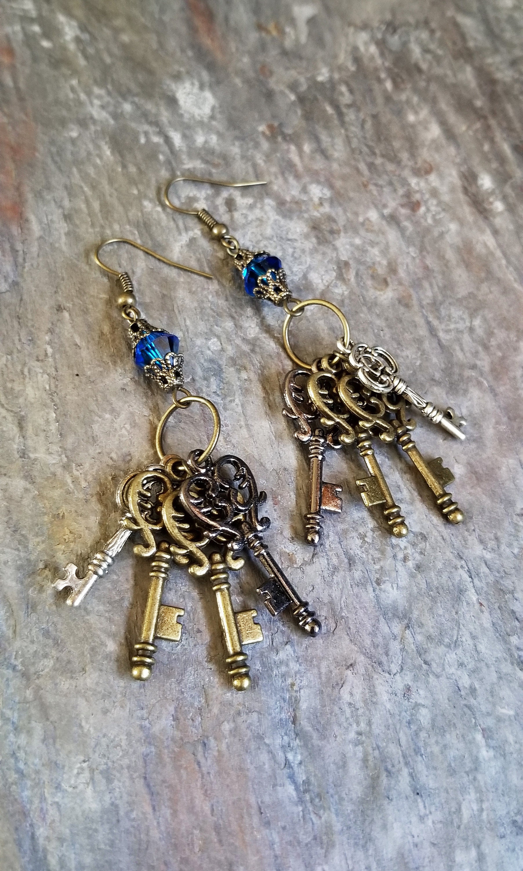 Blue Crystal Key Ring Earrings. Key Earrings Charming Miniature