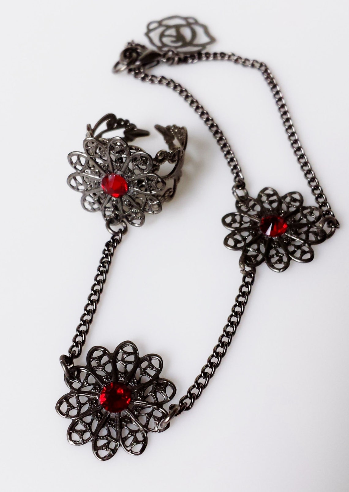 Triple Flower Hand Bracelet With Deep Red Crystals Flower and Etsy