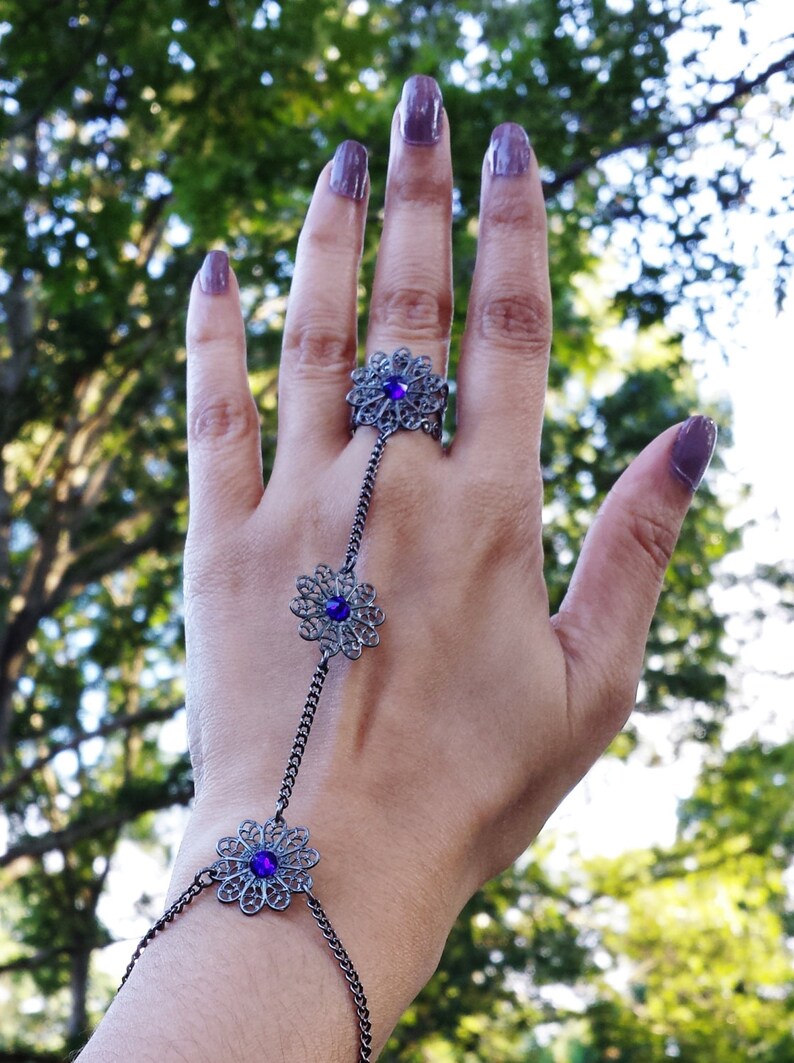Triple Flower Hand Bracelet With Cobalt Blue Crystals Flower Etsy