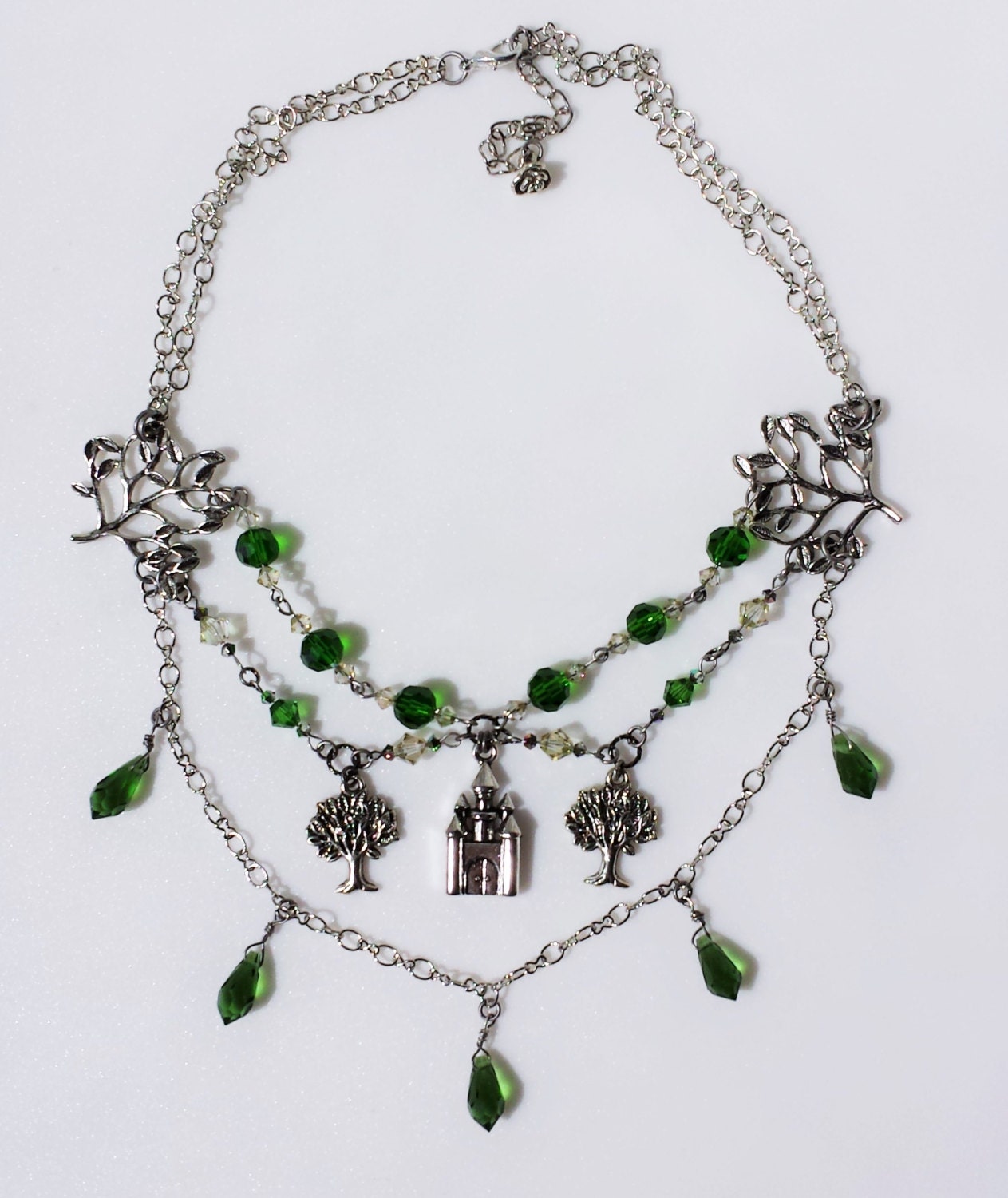 Castle in the Forest Necklace, Layered Forest Necklace, Enchanting Necklace With Green Swarovski ...