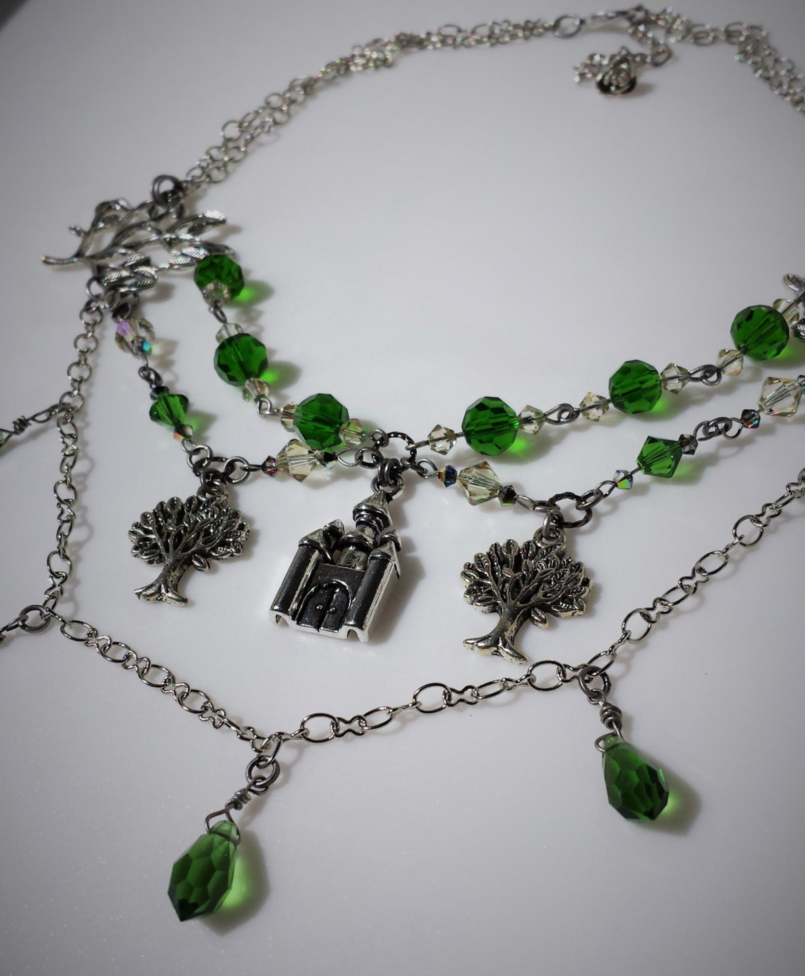 Castle in the Forest Necklace, Layered Forest Necklace, Enchanting Necklace With Green Swarovski ...