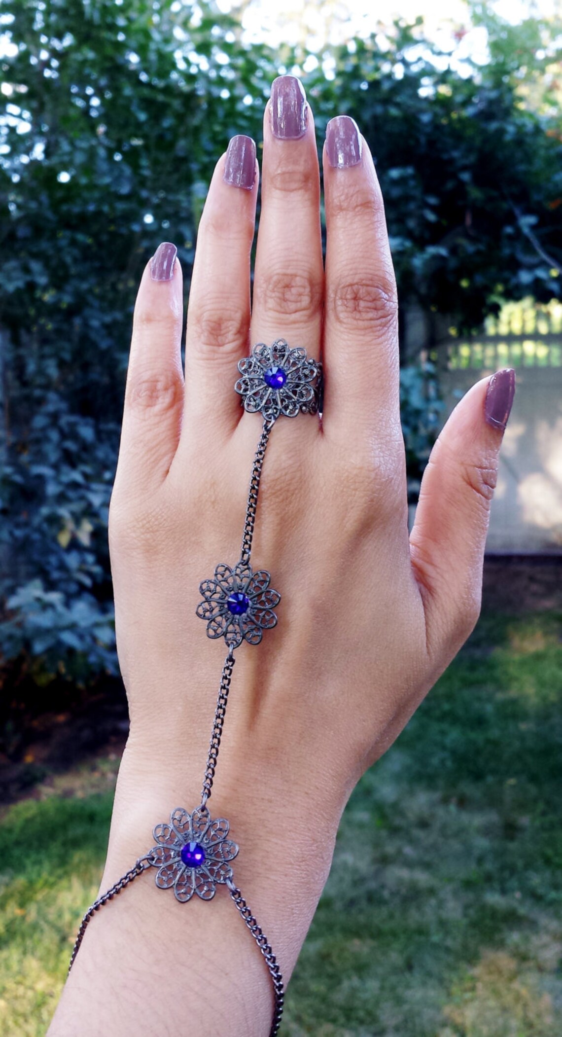 Triple Flower Hand Bracelet With Cobalt Blue Crystals Flower Etsy