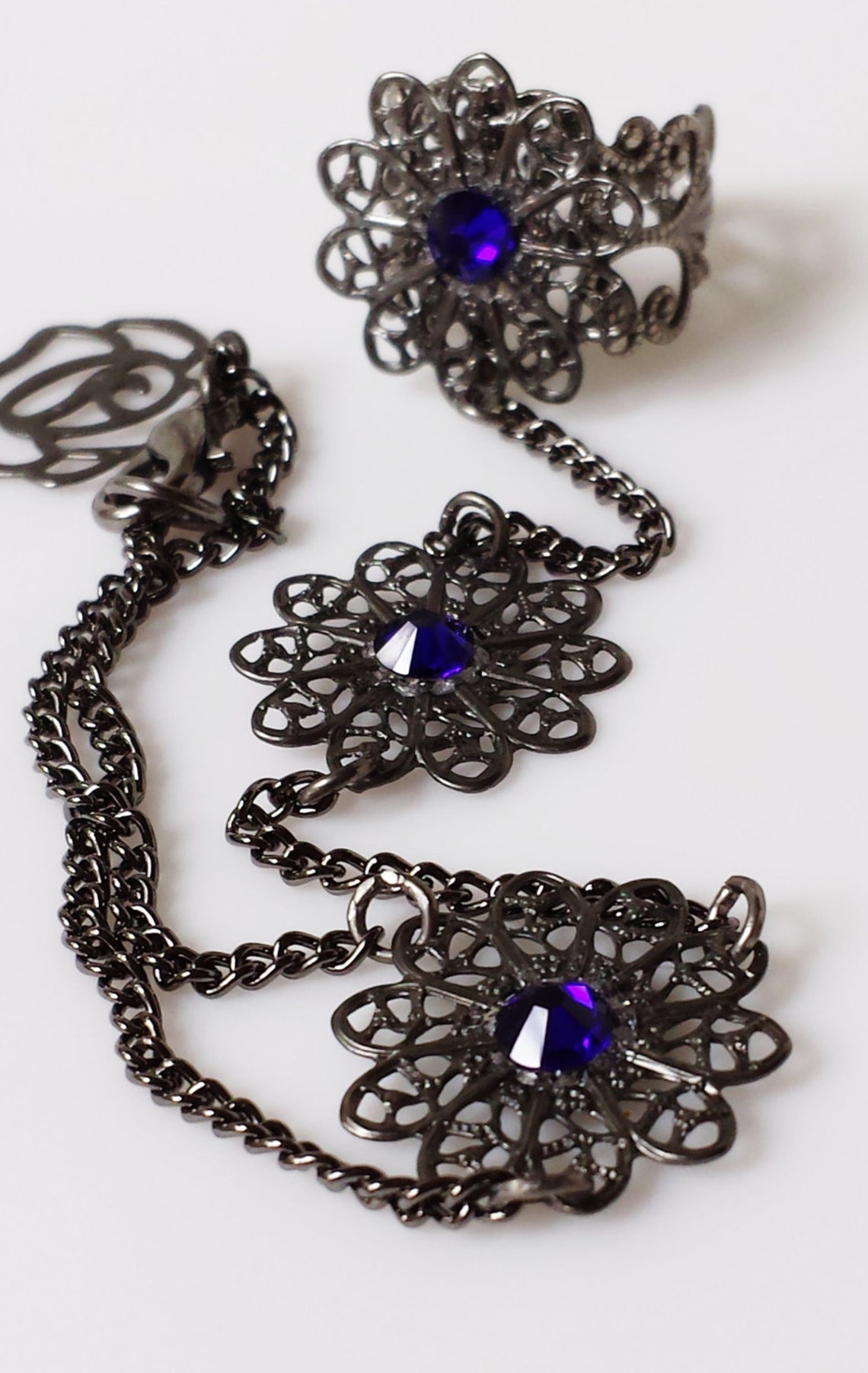 Triple Flower Hand Bracelet With Cobalt Blue Crystals Flower Etsy