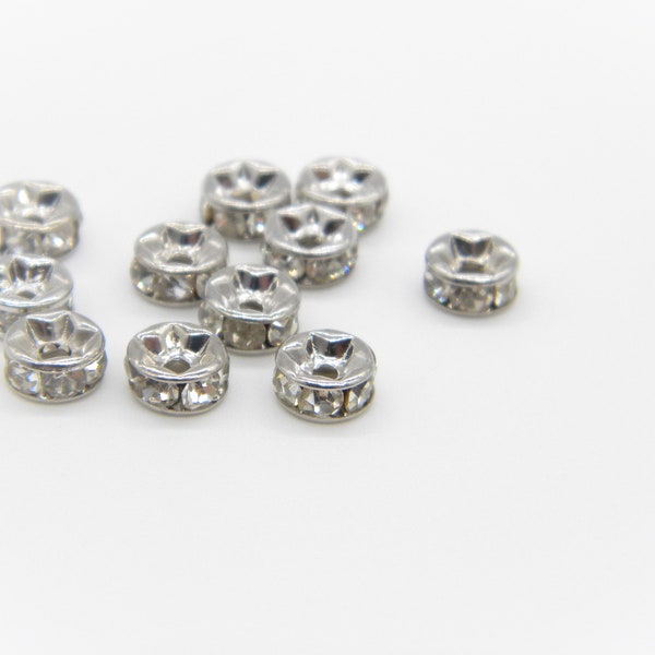 30 Pcs Rhinestone Rondelle, Spacer, Clear, 5mm, 6mm