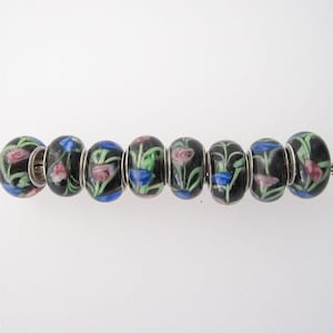 4 pcs Lampwork Glass Large Hole Bead 13 x 9mm With Silver Plated Brass Core