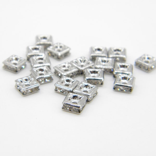 30 Pcs Rhinestone Square Rondelle, Spacer, Clear, 5mm, 6mm