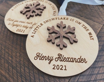 Winter Baby Ornament, Baby Announcement, Pregnancy Announcement, Snowflake Baby Shower, Winter Party Favor, Custom Ornament
