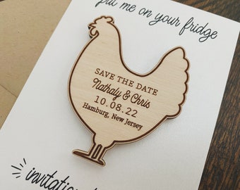 Engraved Chicken Save The Date Magnet, Custom Farm Wedding Announcement, Wood Save The Date, Wedding Keepsake, Wedding Announcement