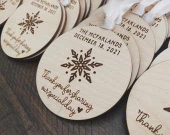 Winter Wedding Ornament, Snowflake Wedding Favor, Christmas Party Favor, Event Favors, Custom Wedding Keepsake, Custom Ornament