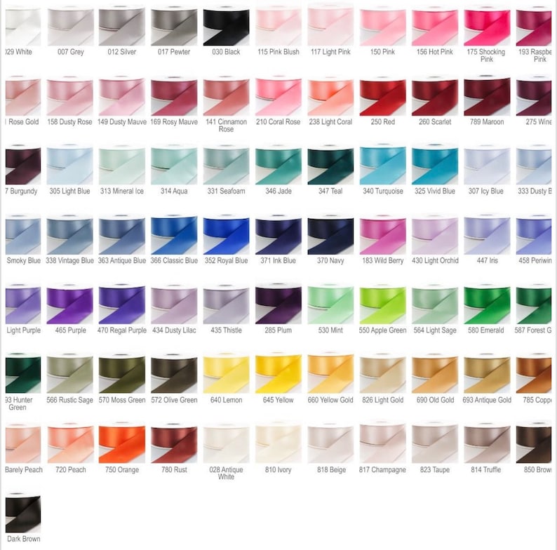 May include: A chart of 48 different colours of ribbon, each with a number and a name. The ribbon colours range from white, grey, silver, and black to pink, red, blue, green, yellow, orange, brown, and more.