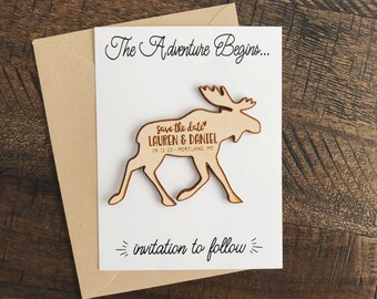 Moose Save The Date Magnet, Canadian Save the Date, Engraved Wood Save The Date Magnet, Rustic Wedding Invitation, Modern Save The Date