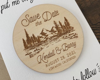 Engraved Wood Save The Date Magnet, Mountain Wedding, Save the Date, Custom Wedding Favor, Rustic Wedding Invitation, Wedding Announcement