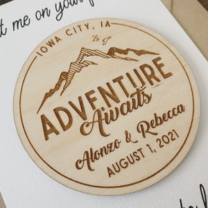 Mountainscape Save The Date Wood Magnet, Wood Save the Date Magnet, Rustic Wedding Invitation, Adventure Awaits Wedding Invitation