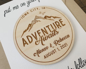 Mountainscape Save The Date Wood Magnet, Wood Save the Date Magnet, Rustic Wedding Invitation, Adventure Awaits Wedding Invitation