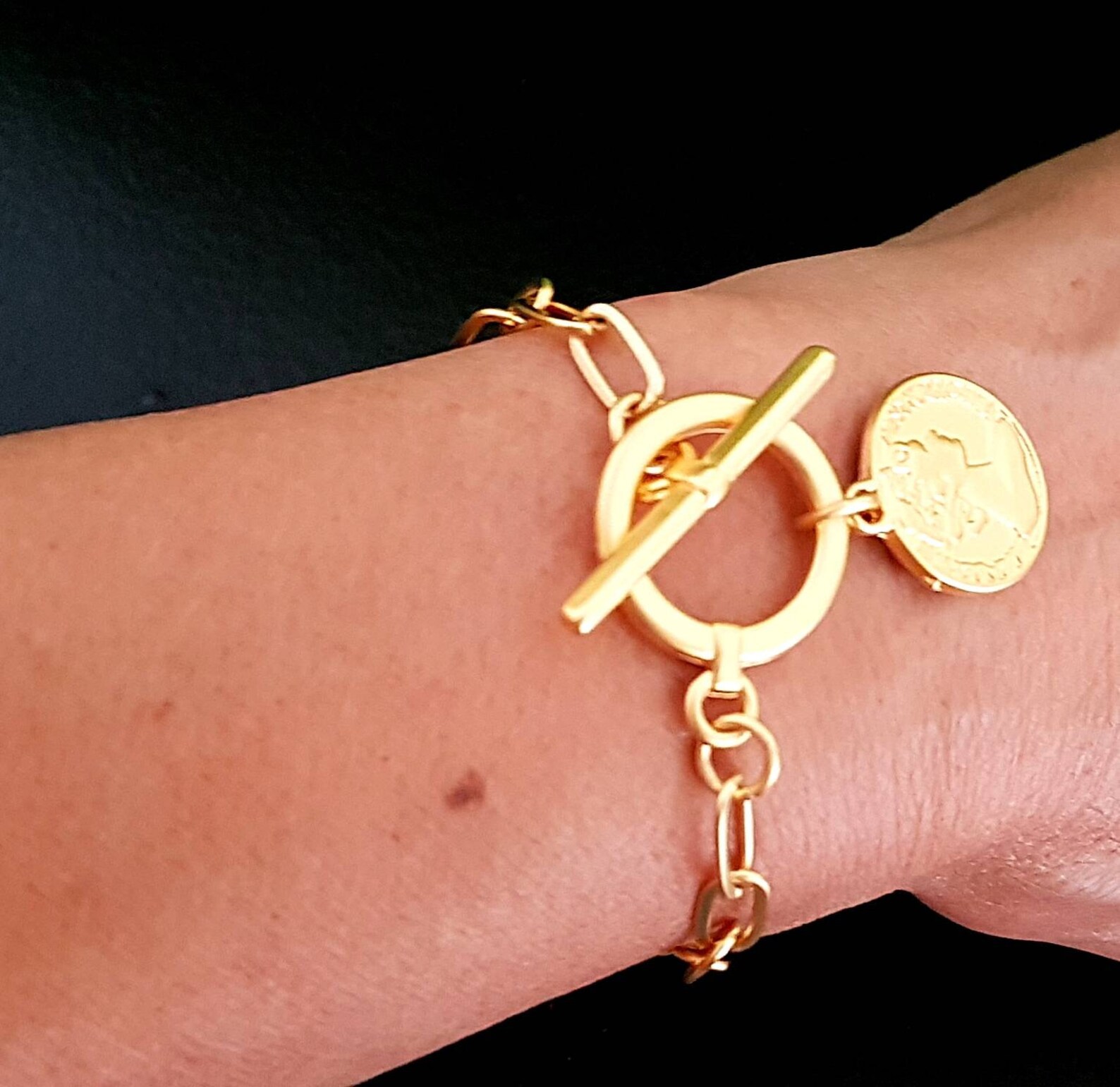 Toggle Clasp Bracelet Gold Coin Bracelet Gold Statement Etsy