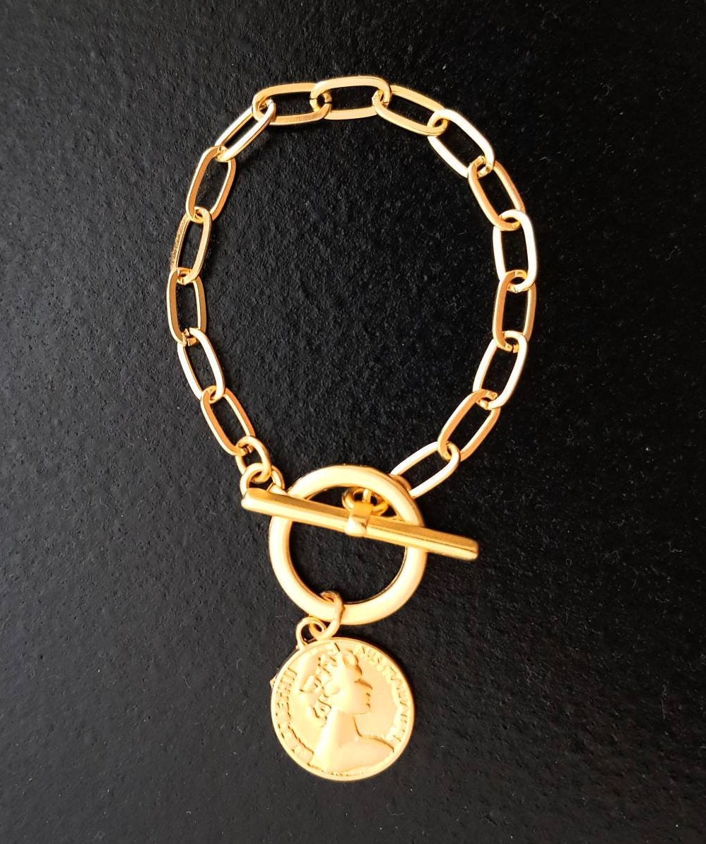 Toggle Clasp Bracelet Gold Coin Bracelet Gold Statement - Etsy Israel