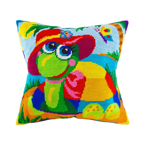 Cross Stitch Kit, Turtle Pillow, Size 16"x16" (40х40 cm), Printed Canvas, Modern Needlepoint Kit, DIY Kit