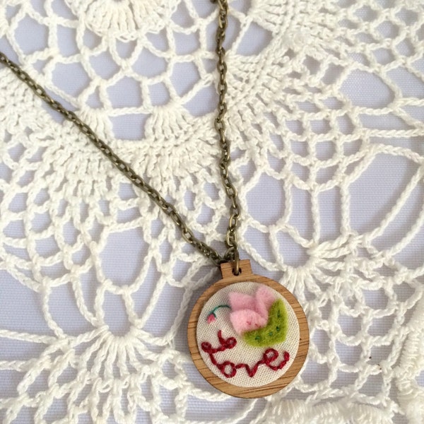 Love Embroidery Hoop Necklace with Pink Wool Felt Flower