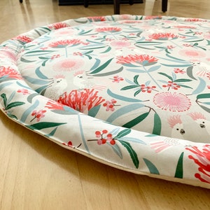 XL Australiana PlayMat, Designer, Bird print, Cockatoo fabric, Round baby play mat, fringe rug, extra large baby mat, big Rug, twin gift,m