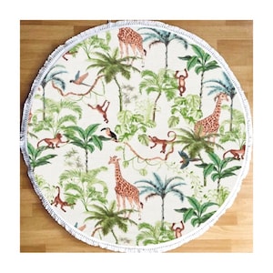 BIO Dschungel Safari, HANDMADE Baby Spielmatte, großer Teppich, Zoo Tiere, Wald Spielmatte, Roundie, Kinder Tier Teppich, Tiermotiv, Neugeborene