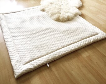 LARGE Square or rectangle Natural cotton almond quilted Deer and Dot Baby Mat Tummy Time Play rug Nursery Baby Blanket Blanky Flatlay Playma
