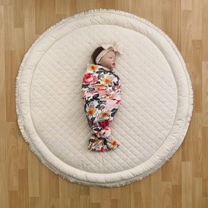 LARGE COTTON Almond Baby MAT, Play Rug, Quilted, Beige Cream, Baby Roundie, Baby Blanket, Baby Shower, Baby Shower Gift, Padded Play Mat