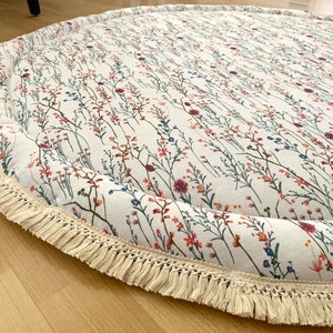 PADDED Forest Floor, Flower print, Round play mat, Fringed Baby Roundie, Rug Tummy Time, Play Mat, Floral nursery, baby shower gift newborn
