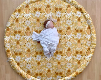 XL 140cm 55” PADDED Designer Mustard WATTLE Baby Play Mat, Large Rug, Play Mat, Playmat, Australia Print, Floral baby nursery Rug, Mustards