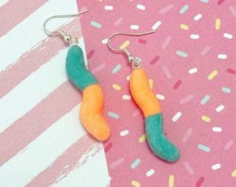 Sour Gummy Worm Earrings - Glow In The Dark Candy Earrings - Nickel Free - Polymer Clay Miniature Food - Dessert Jewelry - Party Kei -Kawaii