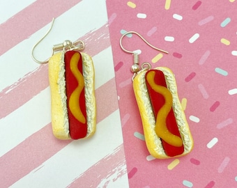 Mini Hot Dog Earrings - Polymer Clay Food Jewelry - Fake Dinner Food - Quirky Earrings - Nickel Free - Kitschy Earrings - Teacher Earrings -