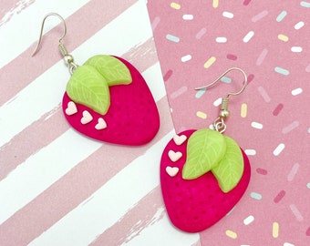 Pink Strawberry Dangle Earrings - Handmade Statement Earrings - Glow In The Dark - Fruit Jewelry - Kawaii Aesthetic - Bright Earrings - Cute