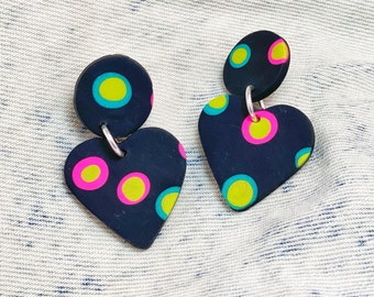 Psychedelic Heart Earrings, Bright Coloured Clay Studs, Chunky Jewelry, Statement Piece, Fun Gift Idea, Birthday Present For Her,