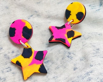 Pink & Yellow Cheetah Print Stud Earrings, 80s Style Jewelry, Retro Fashion, Vintage Aesthetic, Pop Of Colour, Statement Piece,